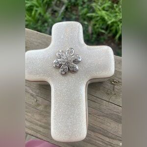 Decorative White Ceramic Cross with Rhinestone Flower Accent